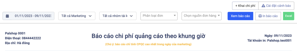 Báo cáo chi phí quảng cáo theo khung giờ