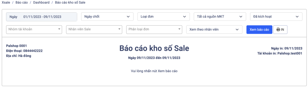 Báo cáo kho số sale XSale